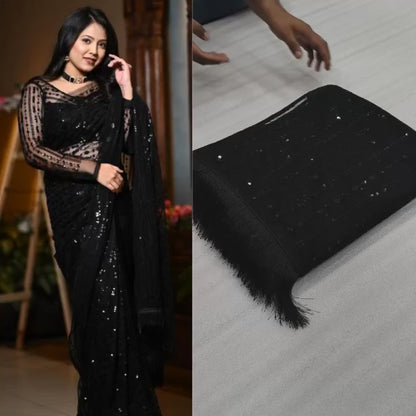 Sequence Worked Black Colours Designer Net Saree With Sequence Worked Blouse