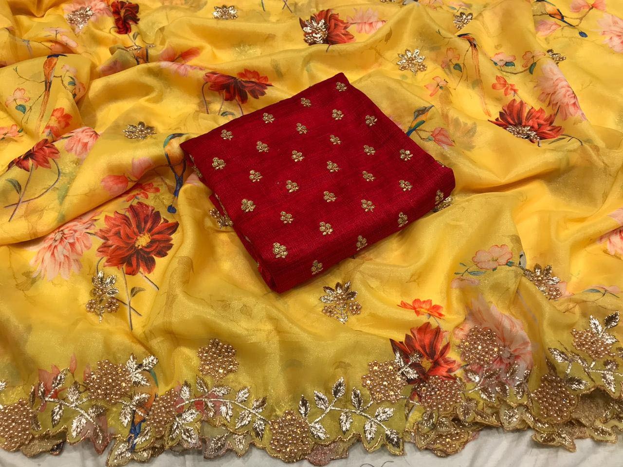 New Heavy Oranganza Silk Embroidary Worked C-pallu Digital Printed Saree With Satin Banglory Silk Blouse