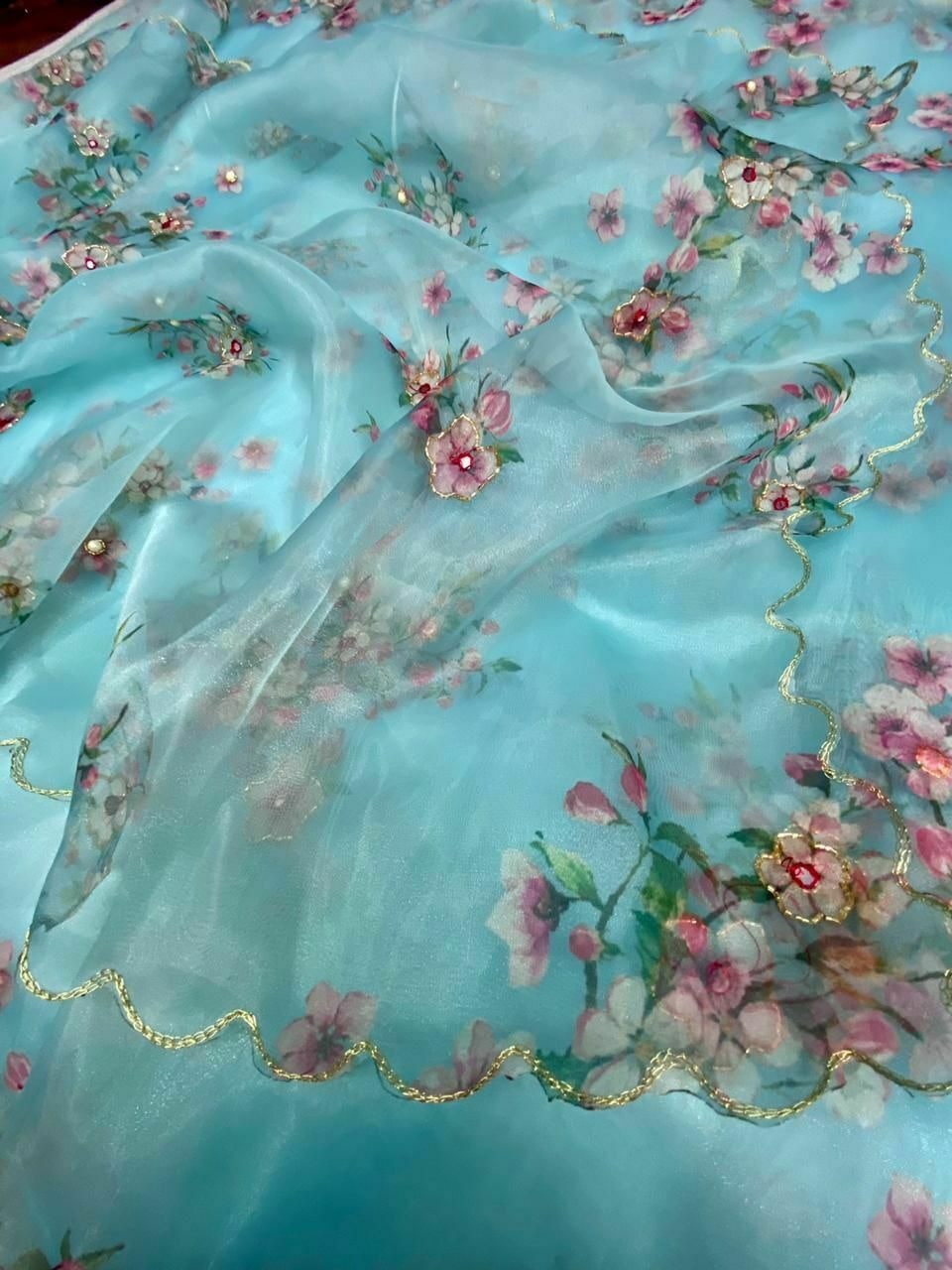 Handworked Organza Silk Digital Printed Saree With Zardosi Work And Silk Blouse