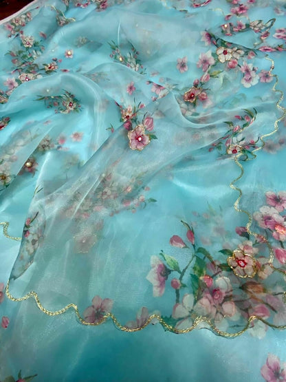 Handworked Organza Silk Digital Printed Saree With Zardosi Work And Silk Blouse